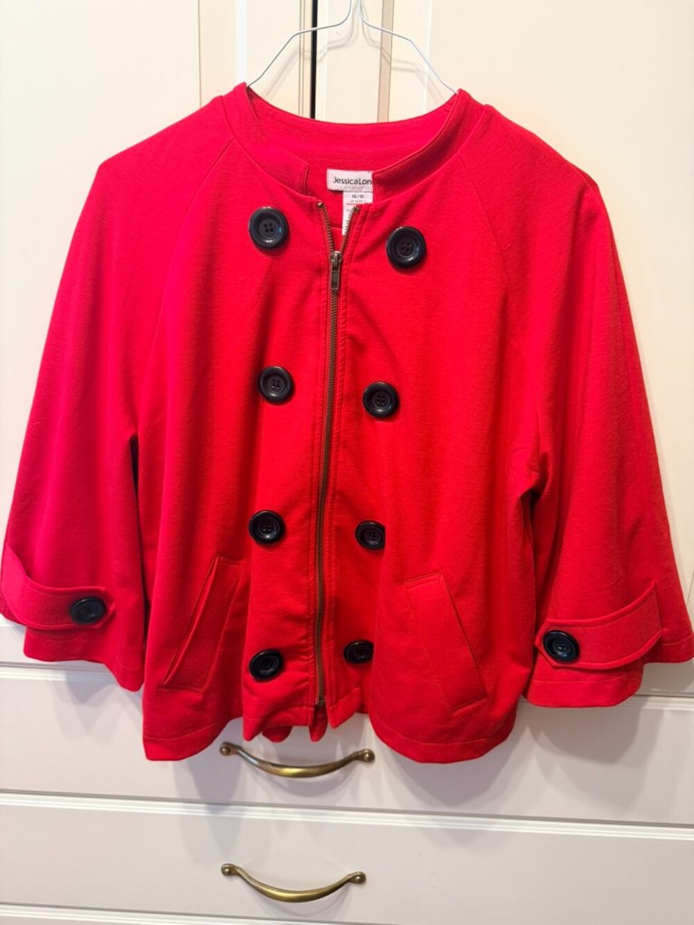 JESSICA LONDON Red Short Waist Zipper-Front ¾ Sleeve Jacket (Size 14/16)